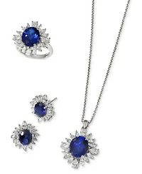 Effy Lab Grown Sapphire Lab Grown Diamond Starburst Halo 18 Pendant Necklace Ring Stud Earrings Collection In 14k White Gold