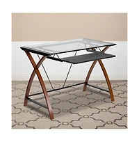 Glass Computer Desk-Pull-Out Keyboard Tray & Crisscross Frame