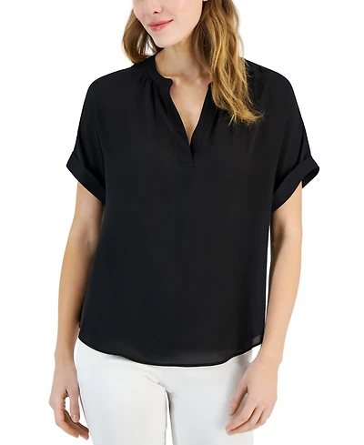 T Tahari Women's Split-Neck Rolled-Cuff Top