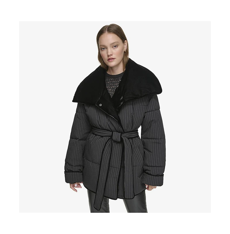 Andrew Marc Black Label Women's Krithia asymmetrical pinstripe wrap Coat