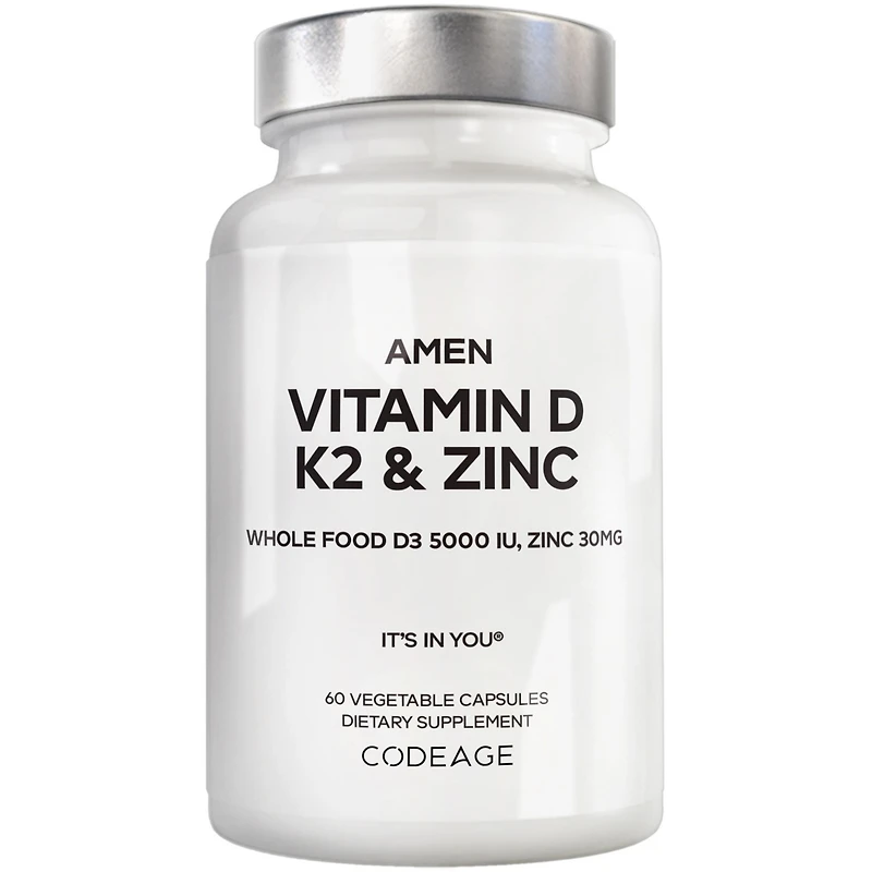 Amen Vitamin D, K2 & Zinc, Cholecalciferol D3 5000 Iu, Organic Whole Food Blend with Apple, Blueberry, Cranberry, Elderberry Powder Fruits, D3 K2 Vita