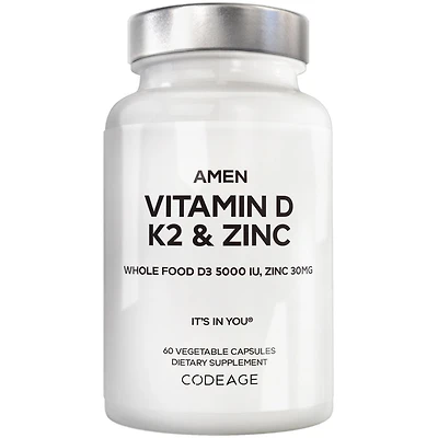 Amen Vitamin D, K2 & Zinc, Cholecalciferol D3 5000 Iu, Organic Whole Food Blend with Apple, Blueberry, Cranberry, Elderberry Powder Fruits, D3 K2 Vita