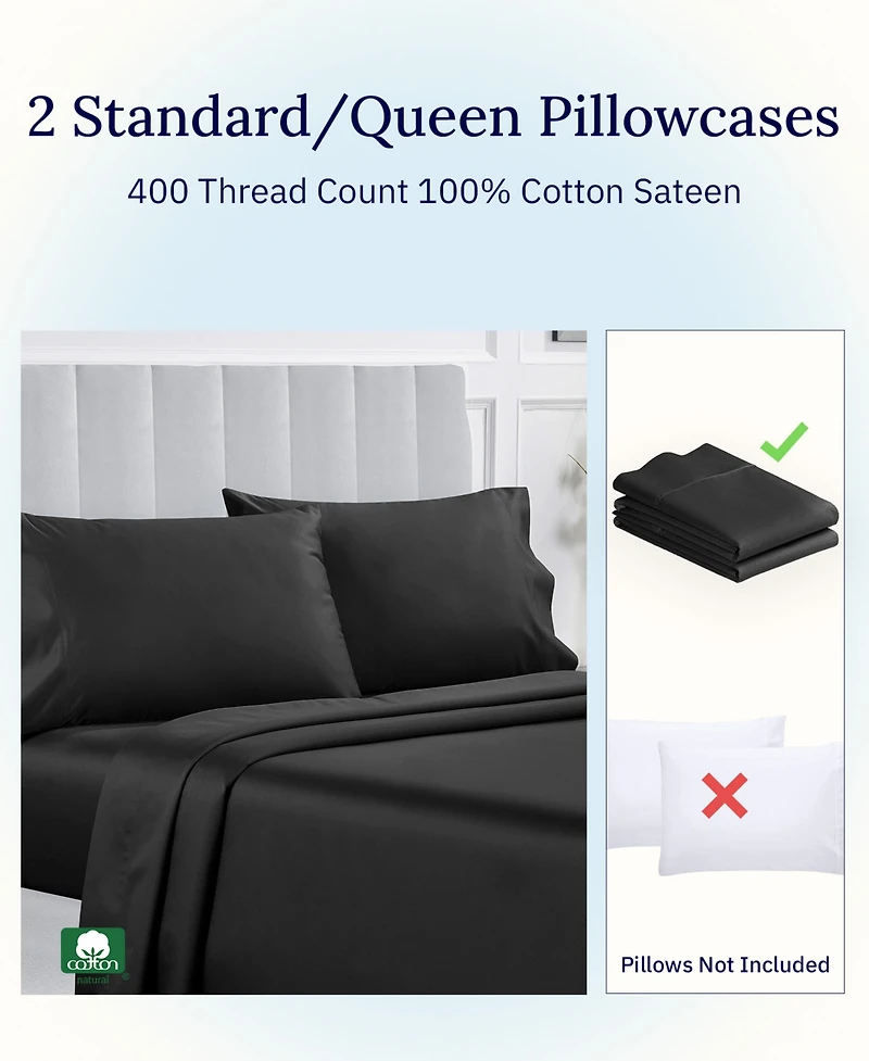 Pillowcase Set - 400 Thread Count, 100% Cotton Sateen, of 2 Pillow Covers, Breathable, Cooling