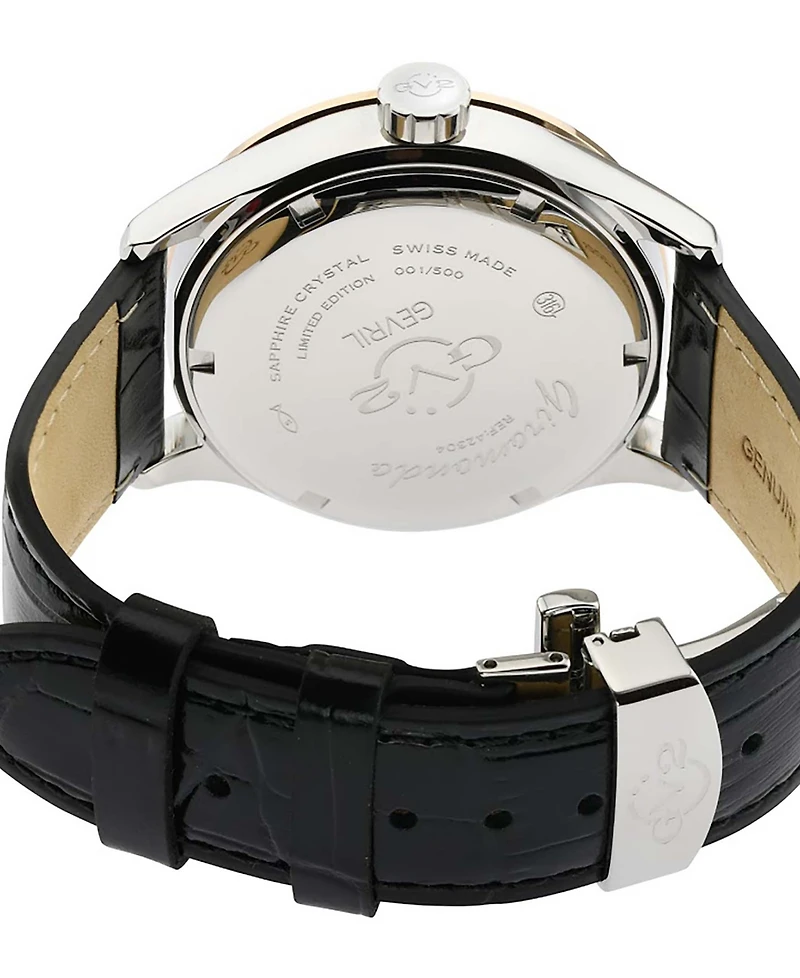 GV2 by Gevril Men's Swiss Quartz Giromondo Black Leather Watch 42mm