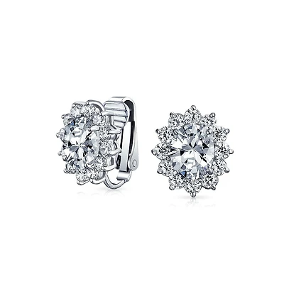 Bling Jewelry Classic Cubic Zirconia Cz Halo Crown Oval Stud Clip On Earrings Non Pierced Ears