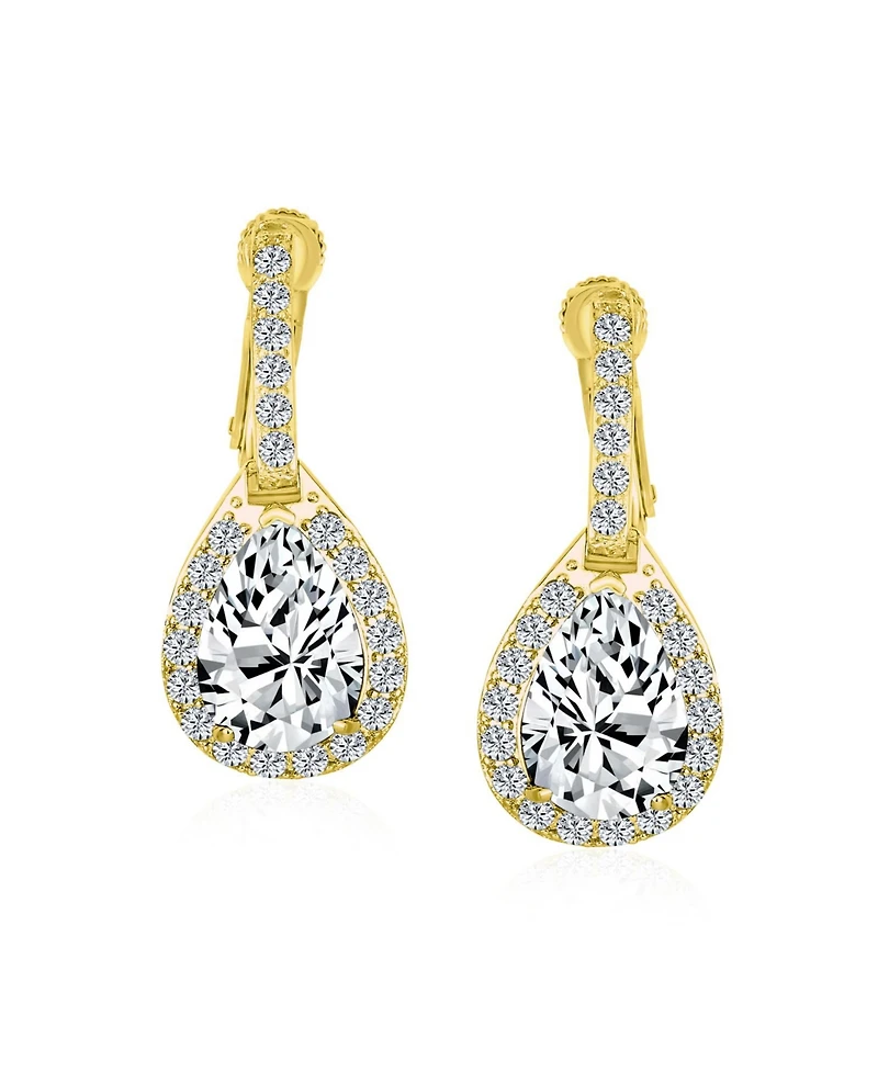 Bling Jewelry Style Halo Clear Cubic Zirconia Cz Fashion Formal Dangle Drop Teardrop Screw Back Clip On Earrings Prom Gold Plated