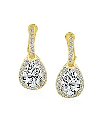 Bling Jewelry Style Halo Clear Cubic Zirconia Cz Fashion Formal Dangle Drop Teardrop Screw Back Clip On Earrings Prom Gold Plated