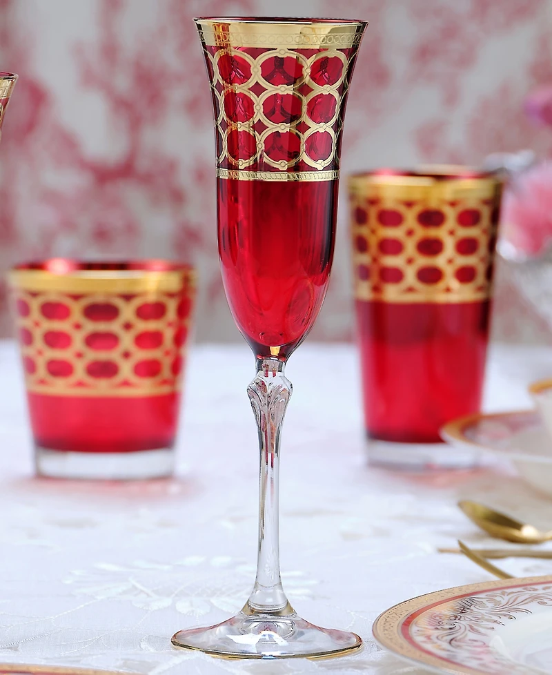 Lorren Home Trends Deep Red Colored Champagne Flutes with Gold-Tone Rings, Set of 4