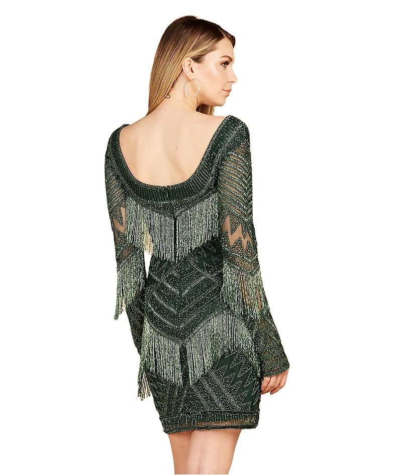 Women's Long Sleeve Beaded V-Neck Fringe Cocktail Mini Dress