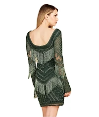 Women's Long Sleeve Beaded V-Neck Fringe Cocktail Mini Dress