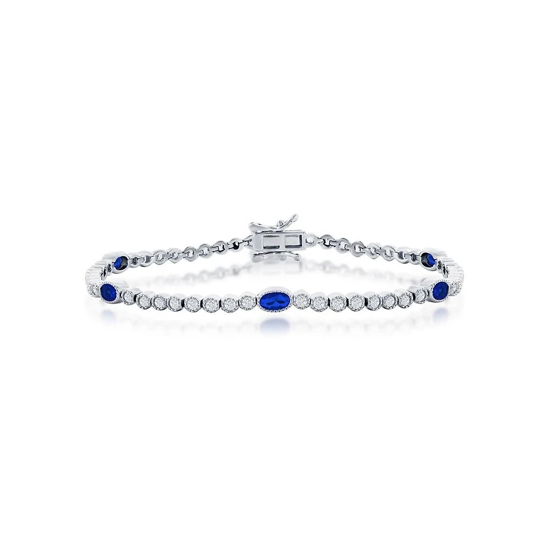 Sterling Silver Beaded Outline Round & Oval Cz Bracelet (Green, Blue, Or Red)