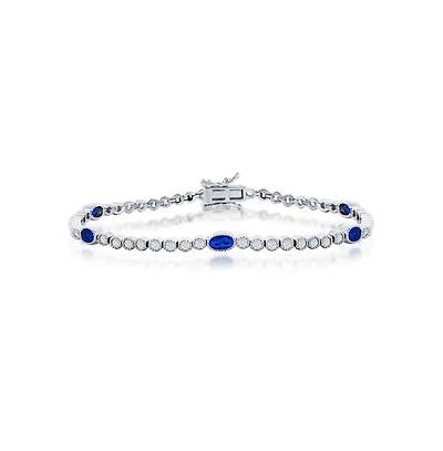 Sterling Silver Beaded Outline Round & Oval Cz Bracelet (Green, Blue, Or Red)