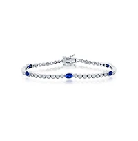 Sterling Silver Beaded Outline Round & Oval Cz Bracelet (Green, Blue, Or Red)