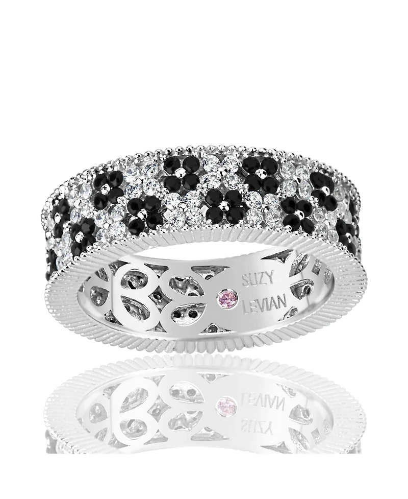 Suzy Levian Sterling Silver Cubic Zirconia Double Floral Eternity Band Ring