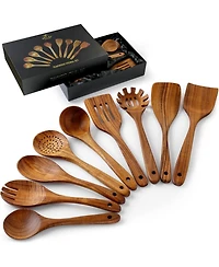 9-Piece Teak Wooden Utensils for Cooking with Premium Gift Box