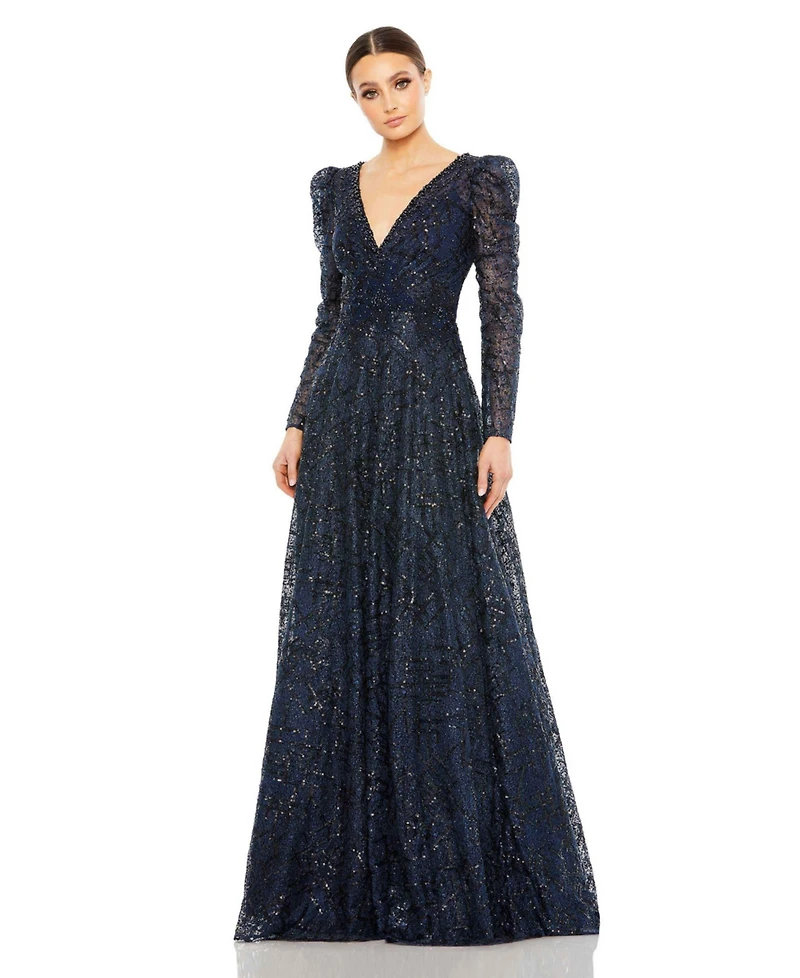 Women's Embellished V Neck Long Sleeve A Line Gown
