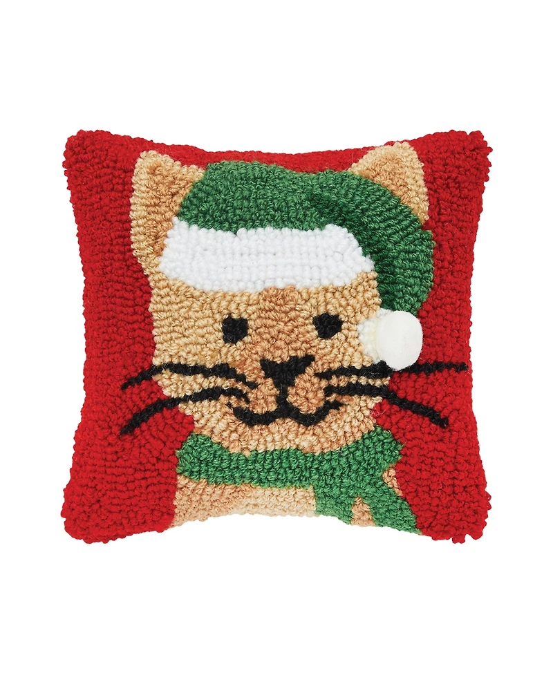 C&F Home 8" x 8" Christmas Brown Kitty Cat in Santa Hat on Red Background Petite Accent Hooked Throw Pillow