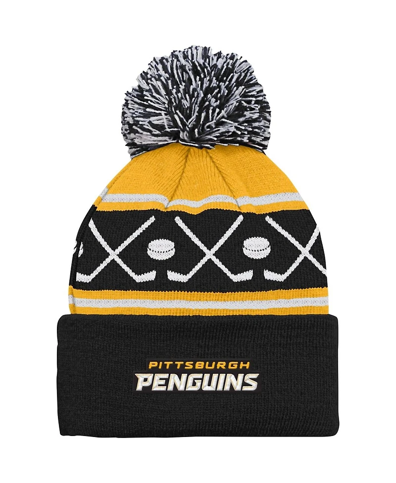 Youth Boys and Girls Black Pittsburgh Penguins Face-Off Cuffed Knit Hat with Pom