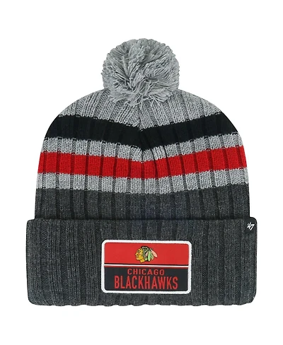 Men's '47 Brand Gray Chicago Blackhawks Stack Patch Cuffed Knit Hat with Pom