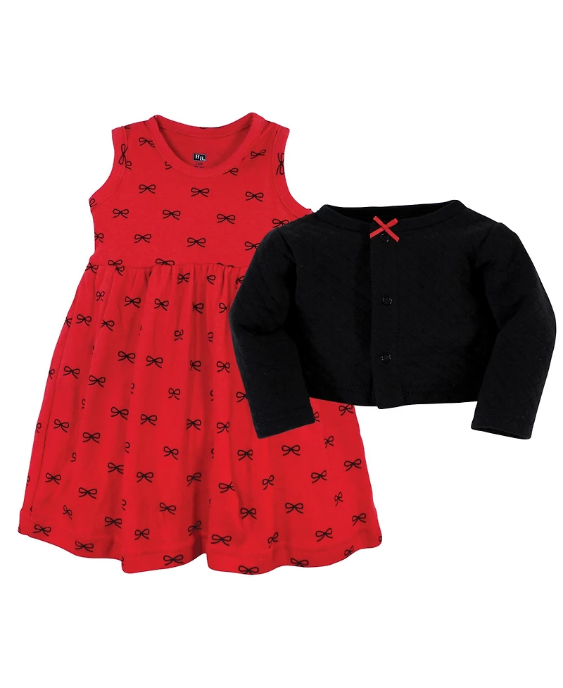 Hudson Baby Toddler Girls Quilted Cardigan 2pc set and Dress, Red Black Bows