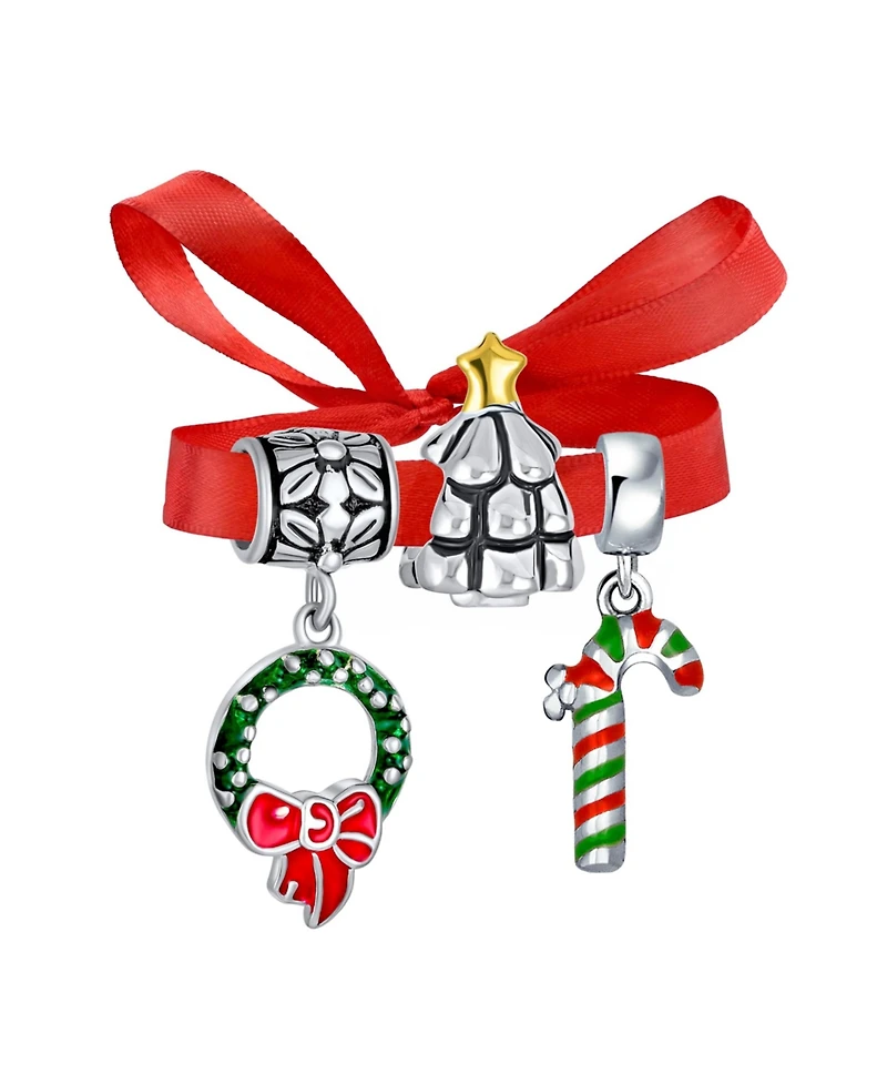 Bling Jewelry Christmas Tree Set of 3 Wreath Candy Cane Holiday Dangling Enamel Green Elf Charm Bead Sterling Silver For European Bracelet