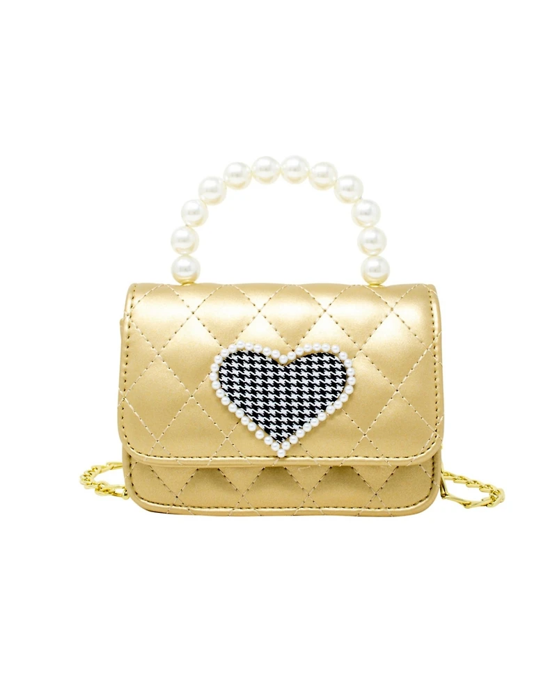 Girl's Gold Quilted Pearl Handle Heart Bag