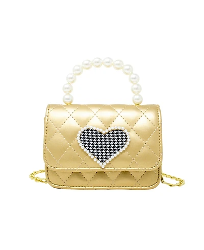 Girl's Gold Quilted Pearl Handle Heart Bag