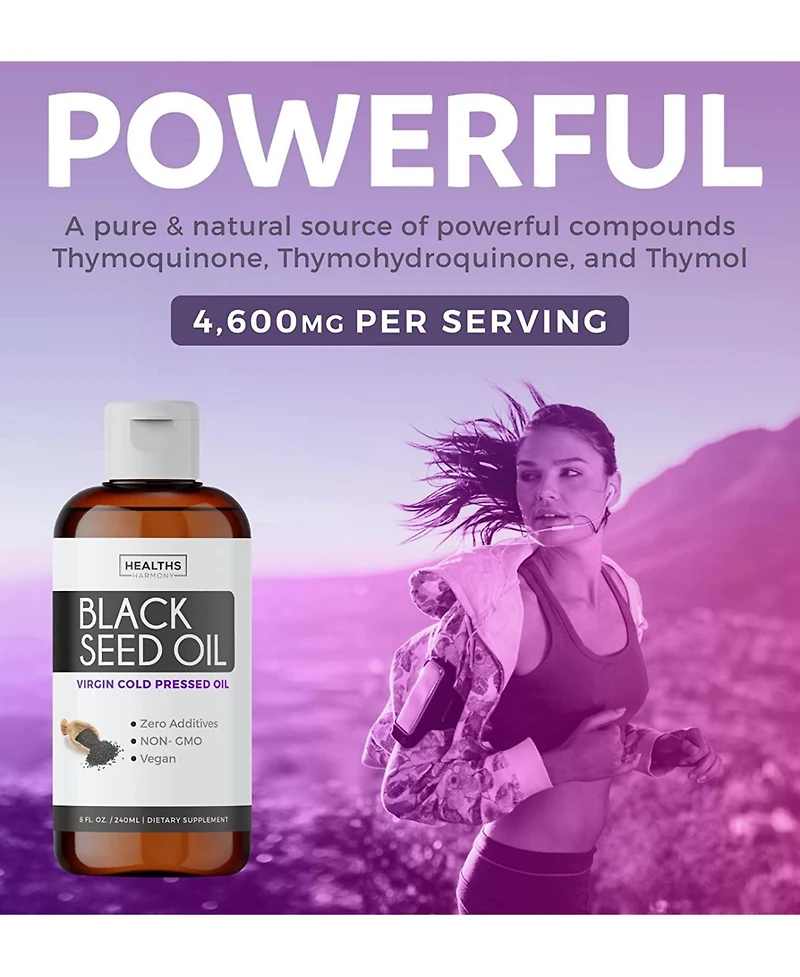 Healths Harmony Organic Black Seed Oil Liquid, Organic Cold Pressed Black Cumin Seed, Health's Harmony, 8oz