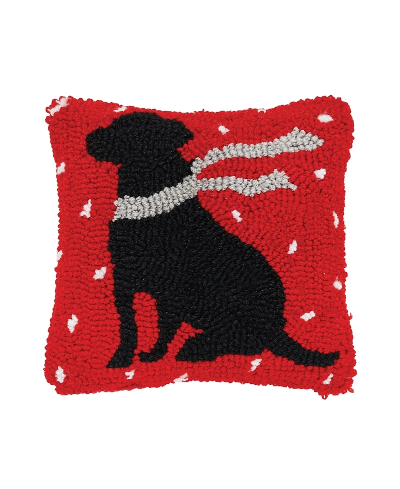 8" x 8" Winter Christmas Black Dog with Scarf Silhouette on Red Background Petite Accent Hooked Throw Pillow