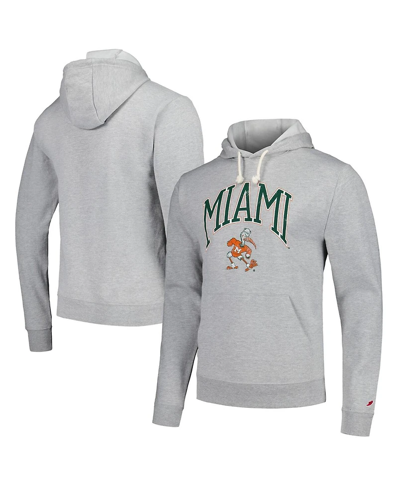 Men's League Collegiate Wear Heather Gray Distressed Miami Hurricanes Tall Arch Essential Pullover Hoodie
