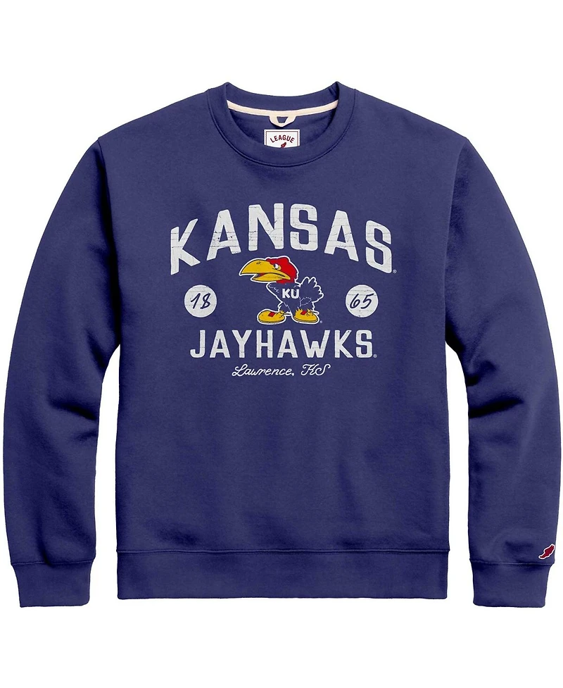 Men's League Collegiate Wear Royal Distressed Kansas Jayhawks Bendy Arch Essential Pullover Sweatshirt
