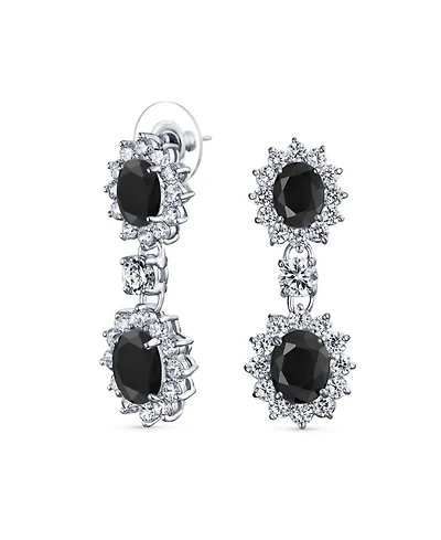 Bling Jewelry Art Deco Style Crown Halo Oval Cubic Zirconia Black Cz Fashion Formal Dangle Drop Earrings Prom Rhodium Plated