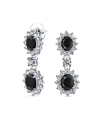 Bling Jewelry Art Deco Style Crown Halo Oval Cubic Zirconia Black Cz Fashion Formal Dangle Drop Earrings Prom Rhodium Plated