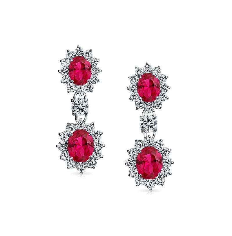 Bling Jewelry Art Deco Style Crown Halo Oval Cubic Zirconia Red Cz Fashion Formal Dangle Drop Earrings Rhodium Plated