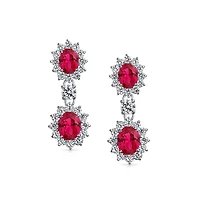 Bling Jewelry Art Deco Style Crown Halo Oval Cubic Zirconia Red Cz Fashion Formal Dangle Drop Earrings Rhodium Plated
