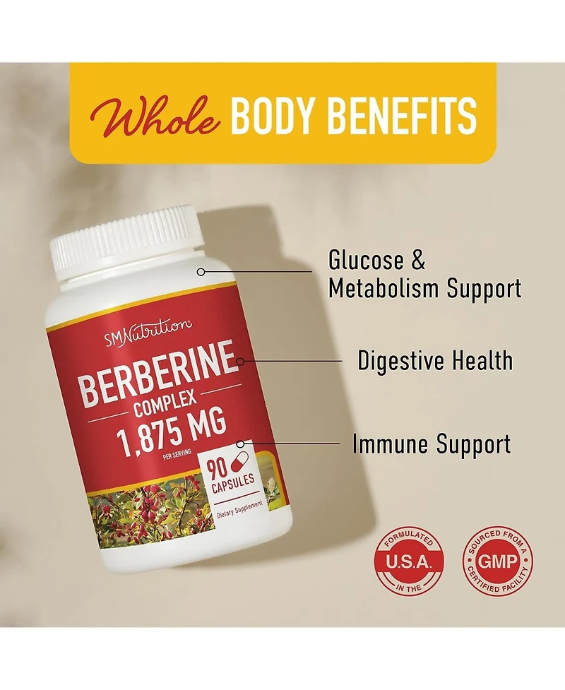 SMNutrition Berberine Hcl Supplement | High Potency 1875mg Complex to Support Glucose Metabolism and Fitness | Plus Bitter Melon & Banaba Leaf | 1500m