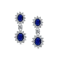 Bling Jewelry Art Deco Style Crown Halo Oval Cubic Zirconia Royal Blue Cz Fashion Dangle Drop Earrings Prom Rhodium Plated