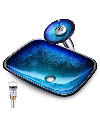 Aquaterior Tempered Glass Sink Transitional Style Basin Waterfall Faucet Kit
