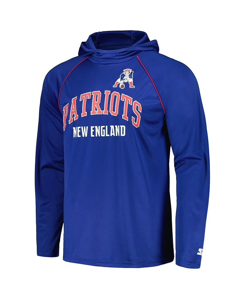 Men's Starter Royal Distressed New England Patriots Gridiron Classics Throwback Raglan Long Sleeve Hooded T-shirt