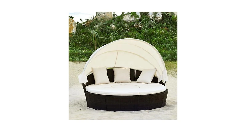 Patio Rattan Daybed Cushioned Sofa with Adjustable Table Top and 3 Pillows