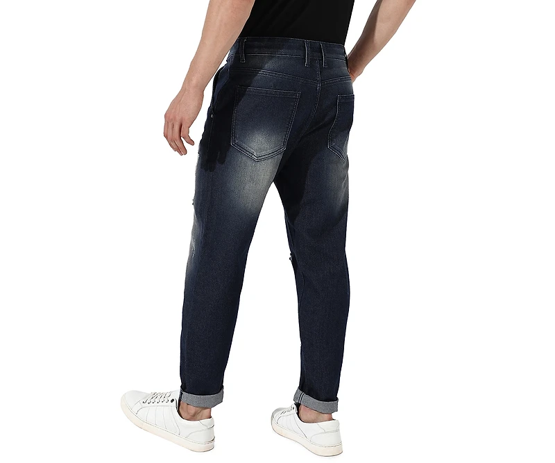Campus Sutra Men's Ripped Dark-Wash Denim Jeans