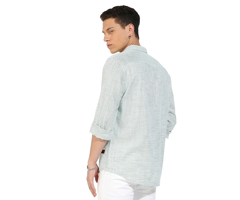 Campus Sutra Men's White & Green Horizontal Chalk Striped Shirt