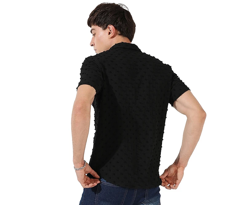 Campus Sutra Men's Jet Black Self-Design Pom-Pom Shirt