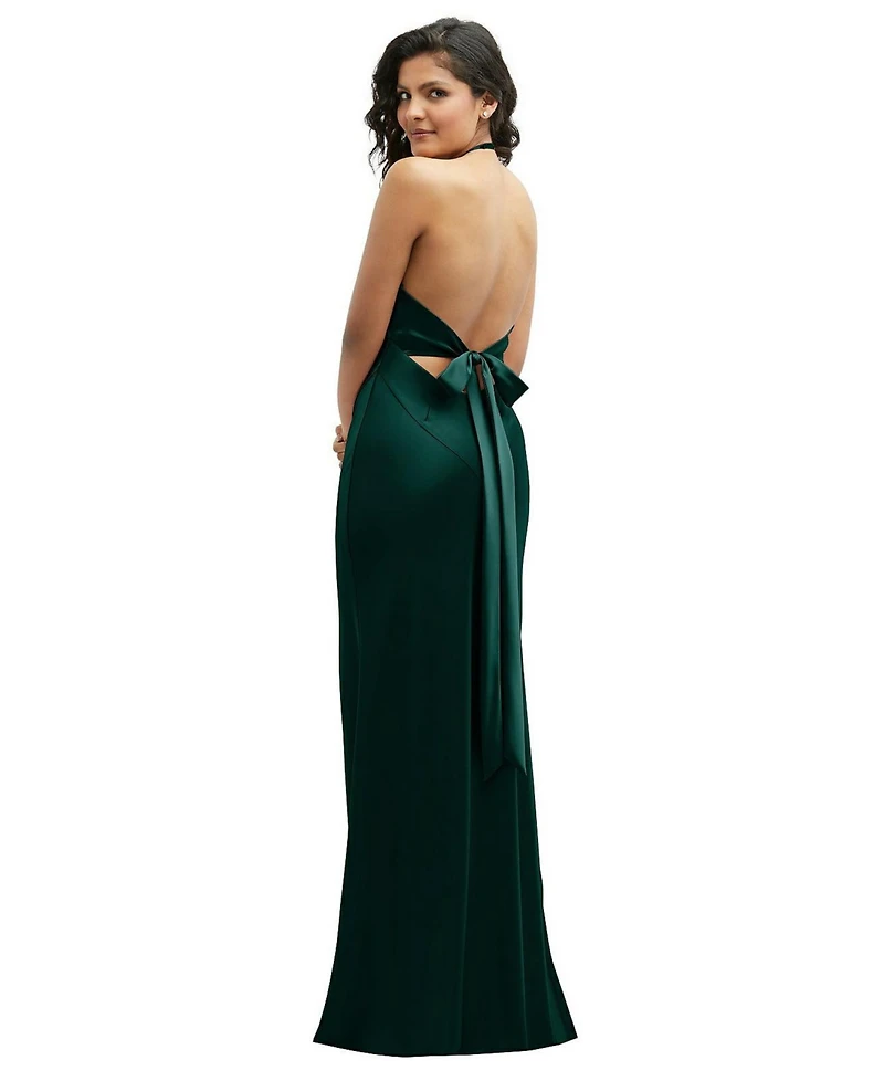 Plunge Halter Open-Back Maxi Bias Dress with Low Tie Back