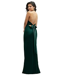 Plunge Halter Open-Back Maxi Bias Dress with Low Tie Back