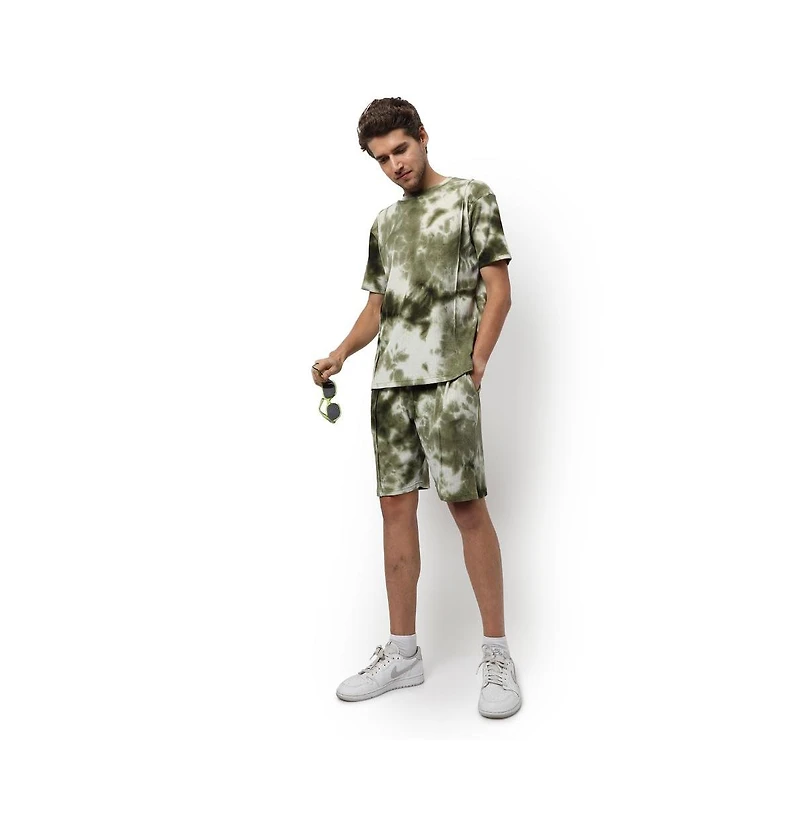 Campus Sutra Men's Olive Green & White Tie-Dye Waffle Co-Ord Set