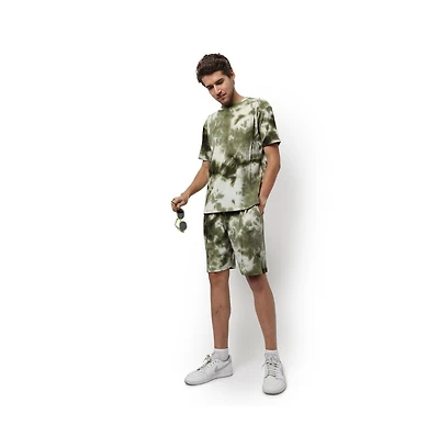 Campus Sutra Men's Olive Green & White Tie-Dye Waffle Co-Ord Set
