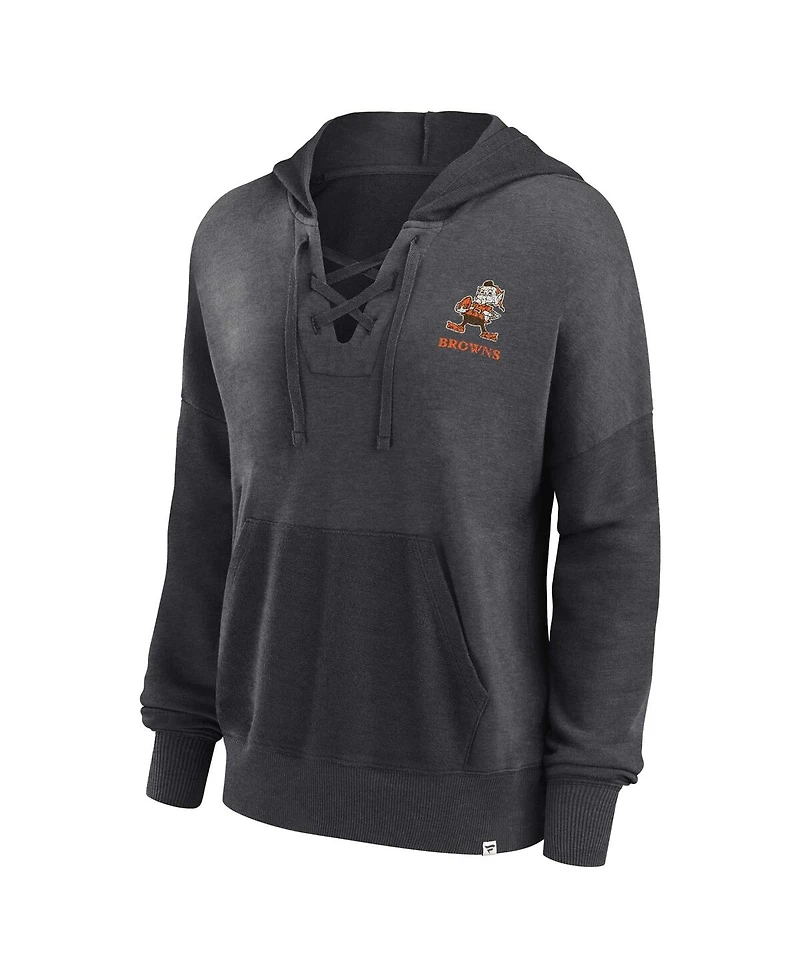 Women's Fanatics Heather Charcoal Distressed Cleveland Browns Heritage Snow Wash French Terry Lace-Up Pullover Hoodie