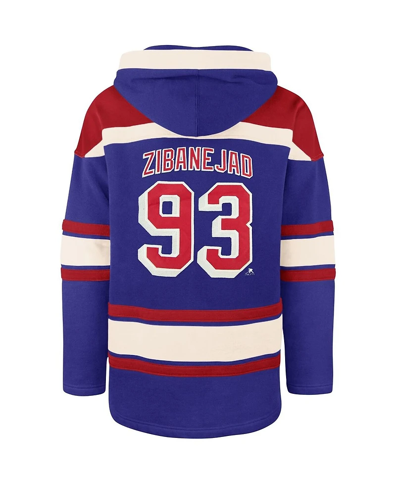 Men's '47 Brand Mika Zibanejad Blue New York Rangers Player Name and Number Lacer Pullover Hoodie