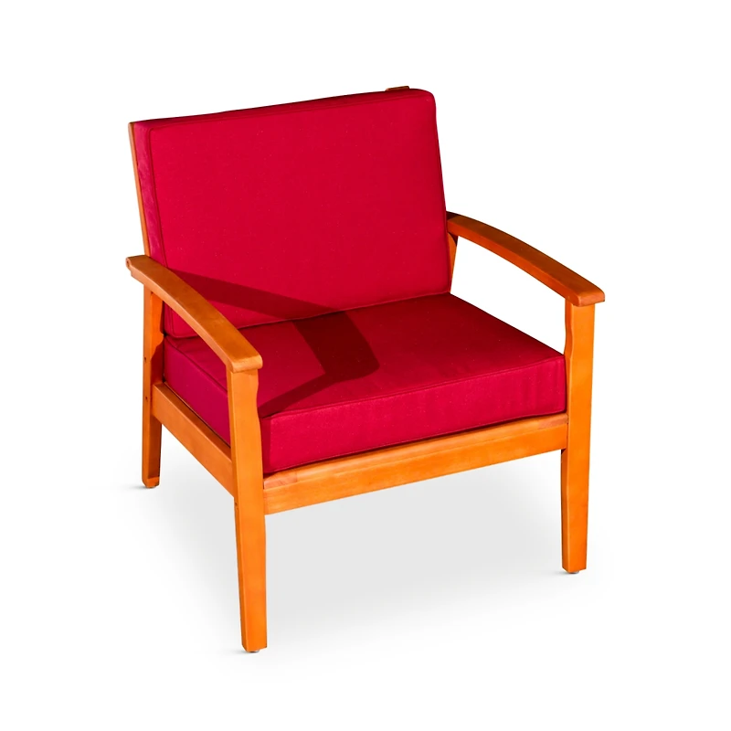 Simplie Fun Deep Seat Eucalyptus Chair, Natural Oil Finish, Burgundy Cushions